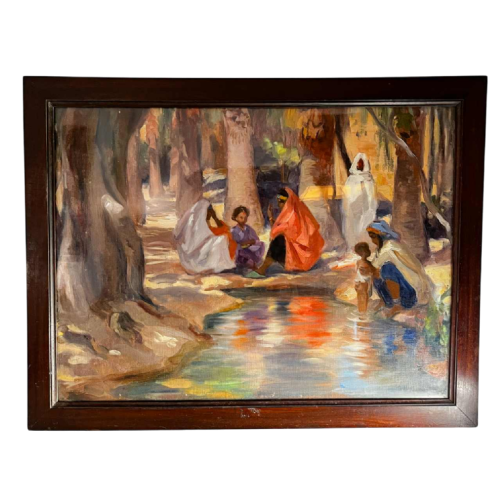 Charles Ernest Smets, “Oasis of Tinghir, Morocco”, orientalist impressionist painting, oil on canvas, ca. 1940