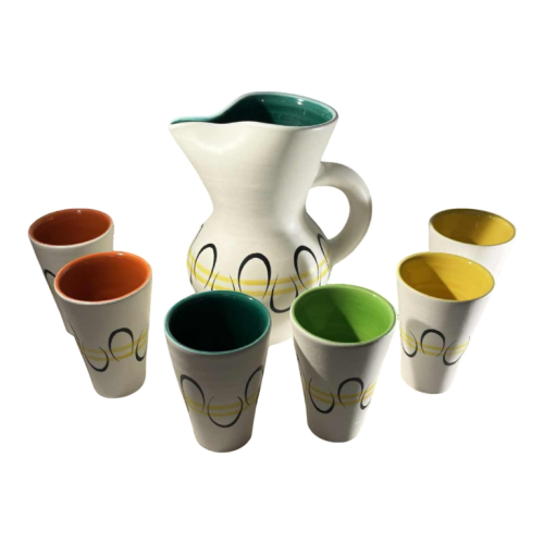 André Baud for Vallauris, ceramic set with pitcher and 6 cups, ca 1960