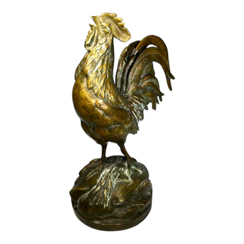 AUGUSTE NICOLAS CAIN for SUSSE FRERES "Le réveil" bronze sculpture French rooster, 19th c