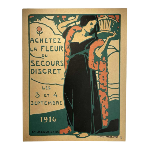 Émile Berchmans for La Meuse "Buy the flower of discreet help" Art Nouveau lithograph poster, 1916