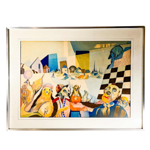 Cubo-surrealist painting, mixed media on paper, signed and dated “David 1974”