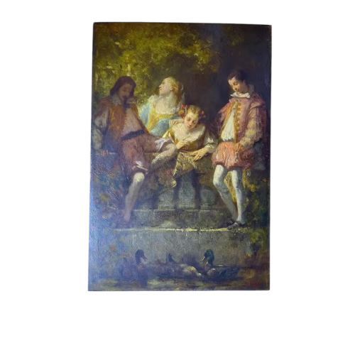 Narcisse Virgile Diaz de la Pena "Scène galante au parc" tableau huile sur panneau, ca 1850