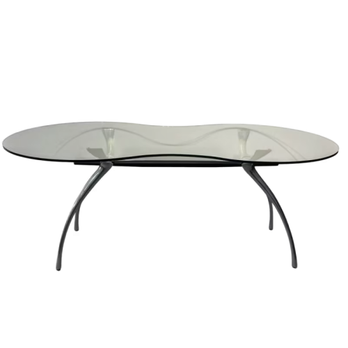 BERNARD DEQUET par Protis Design, rare bureau table en aluminium brossé et verre "rognon", design français ca 1990