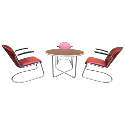 WILLEM HENDRIK GISPEN, set table 3 armchairs 413 cantilever Art Deco Bauhaus, steel tube structure, ca 1930