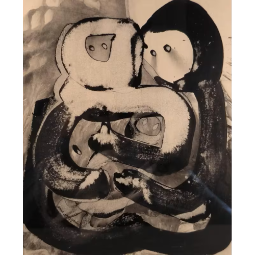 Anne De Vriese-Jernander 'Couple and Child' abstract composition, mixed media on paper, 1974