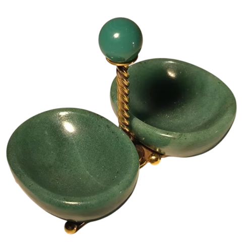 Wolfers Frères, double salt cellar/condiment bowl in solid silver, vermeil, and aventurine, ca. 1950