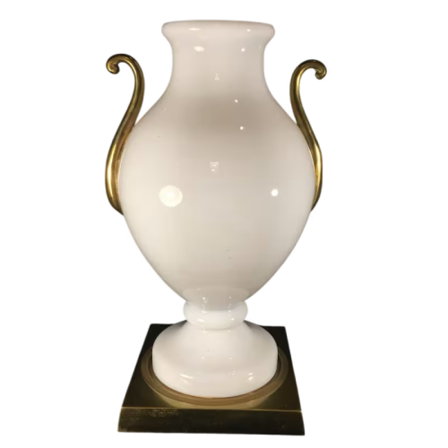 Venini Primavera in Murano, white opaline glass with gilt handles, chiseled bronze base, 20th century